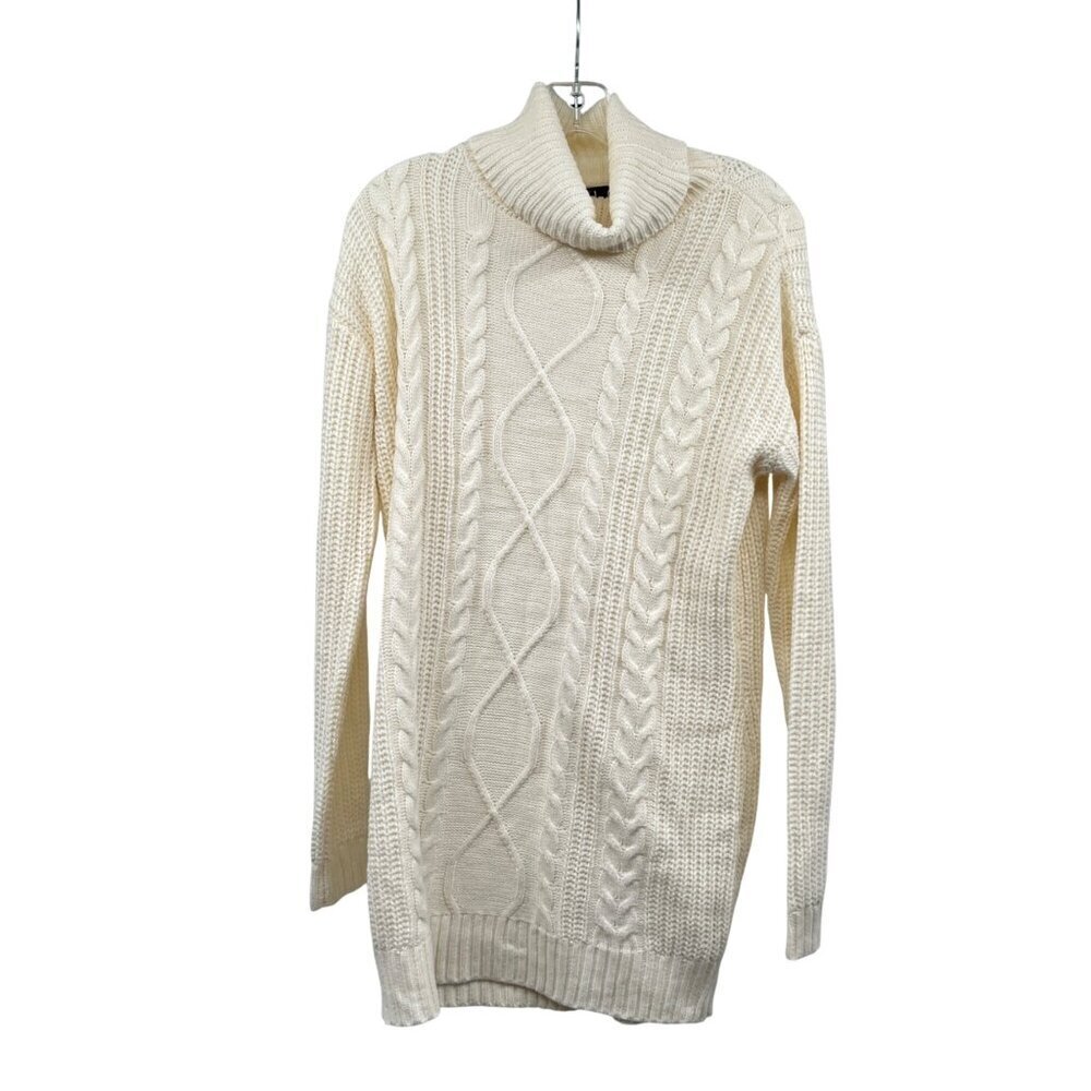 Lulus Womens Cable Knit Turtleneck Tunic Sweater Long Sleeve Cream Size Small